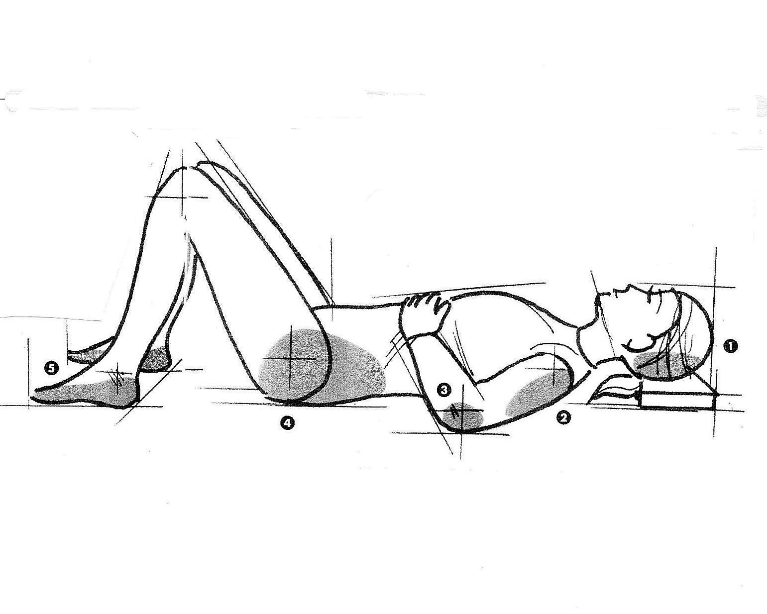 Sketch of a person lying down with legs bent.