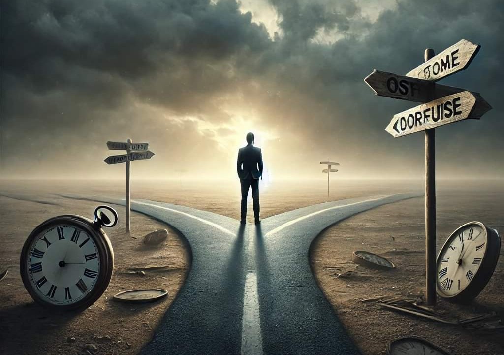 A man stands at a crossroads with clocks.