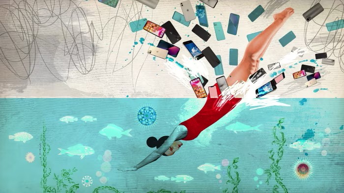 Person diving into water surrounded by smartphones.