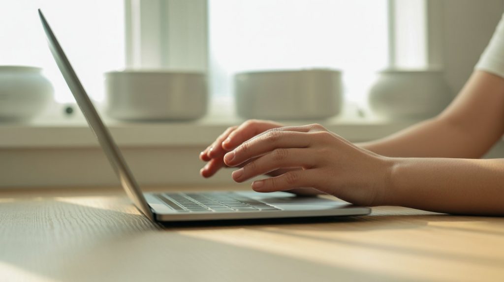 Hands typing on laptop by sunlit window