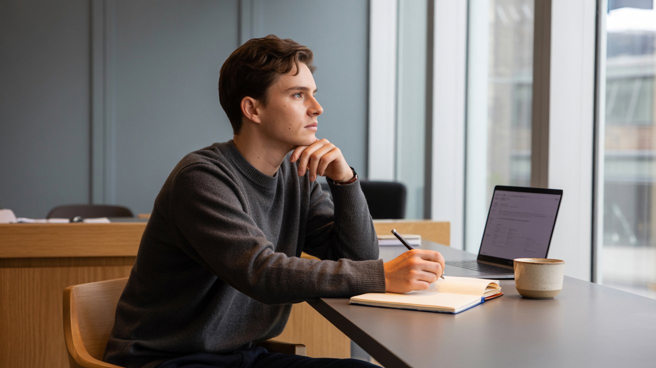 Man writing in notebook beside laptop and coffee