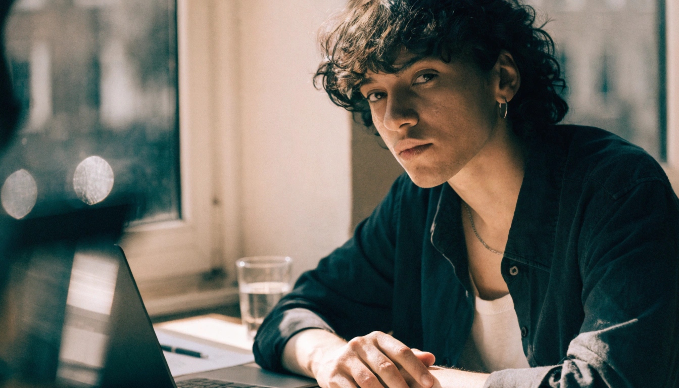 Person working on laptop by window