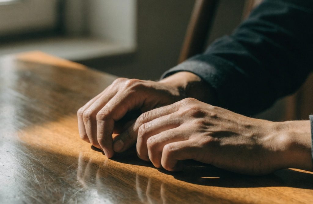 Close-up of hands resting on wooden table