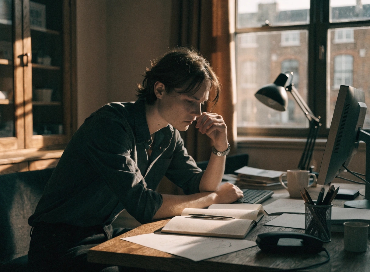Person working at desk by window with laptop