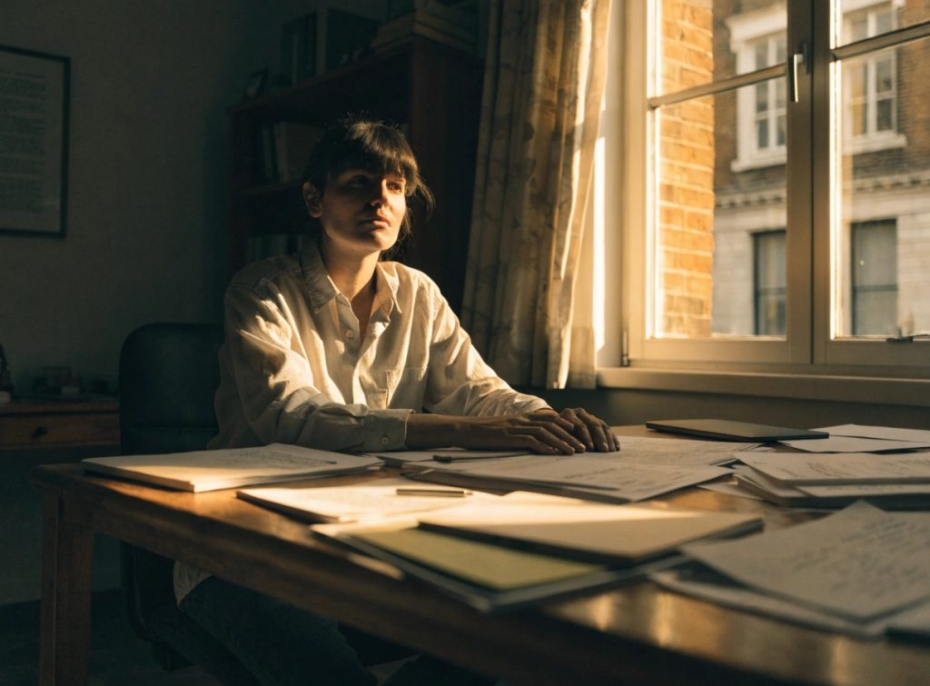 Woman sitting at desk in warm sunlight