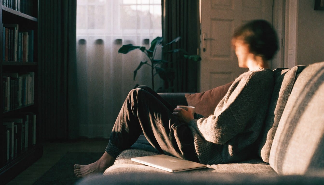 Person curled up on a sofa on a Sunday afternoon holding a mug, a closed laptop beside them, gazing into the room