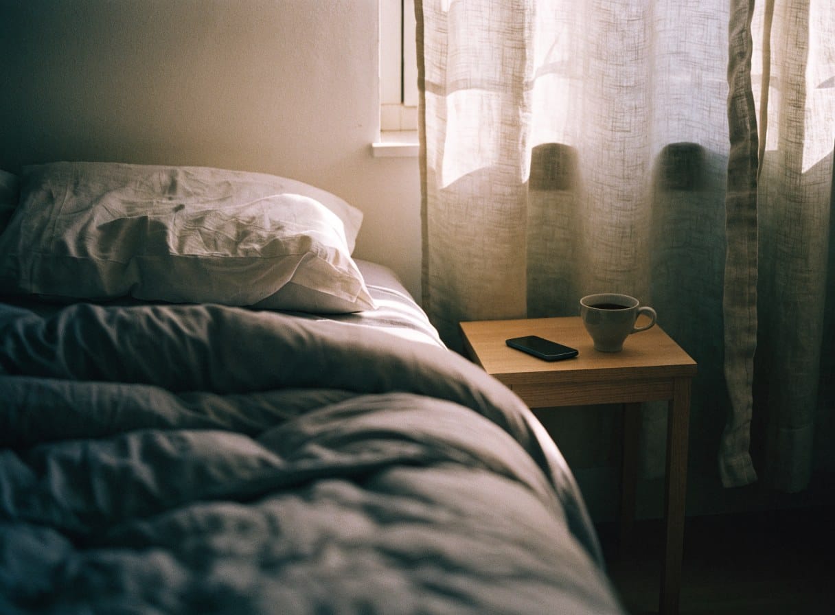 An unmade bed in soft morning light with a cup of tea and a phone turned face down on the bedside table.