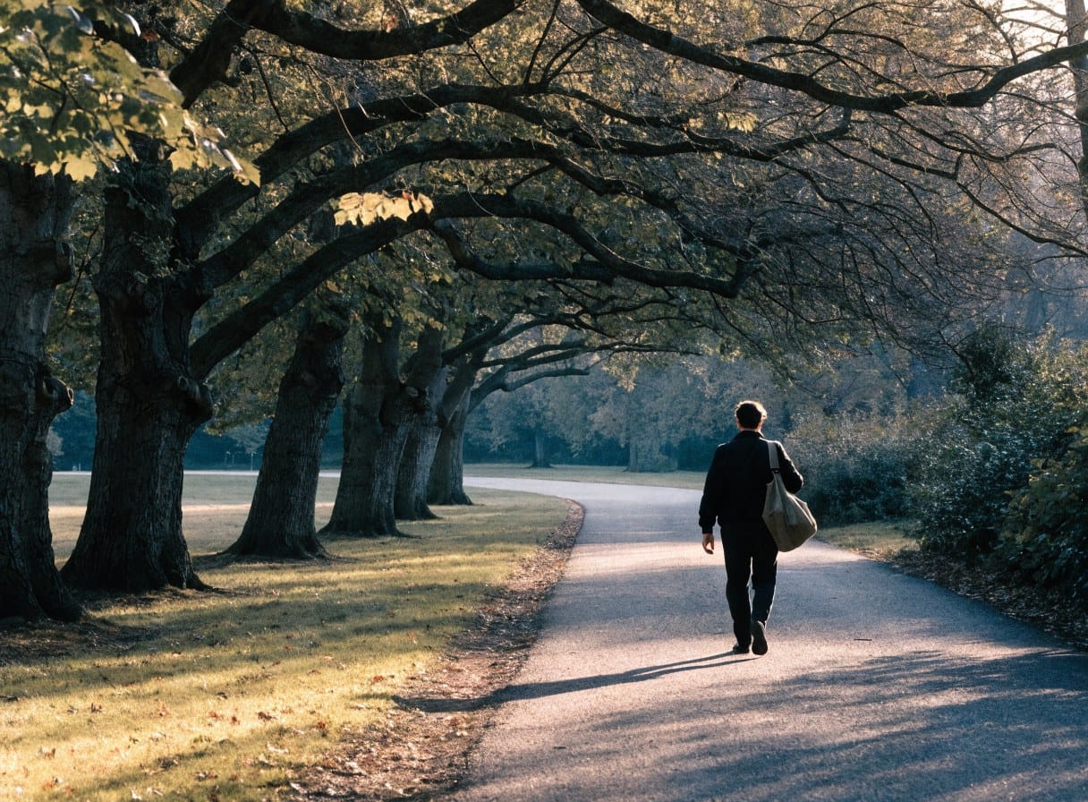 A person walking unhurriedly along a tree-lined park path on an autumn morning.