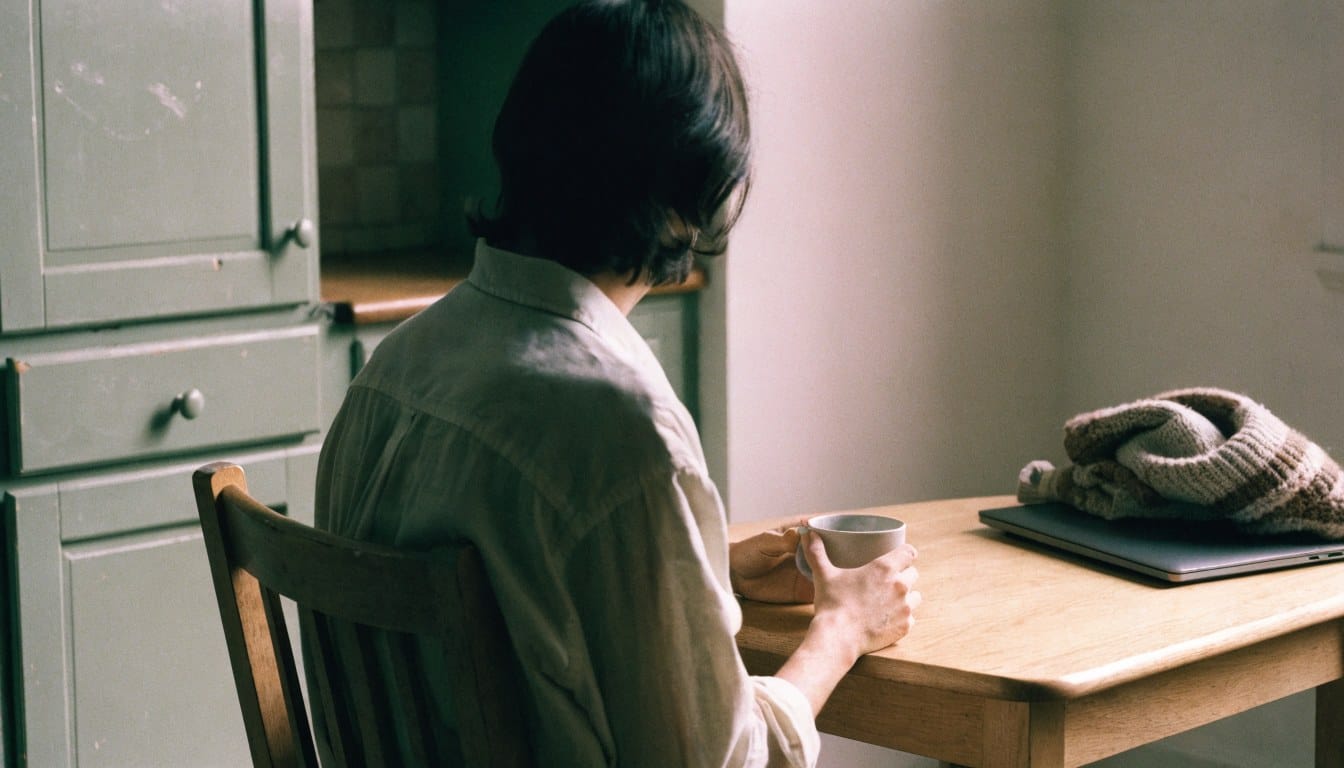 A person sitting at a quiet kitchen table with a mug, shoulders relaxed, a closed laptop set aside under a knitted jumper.