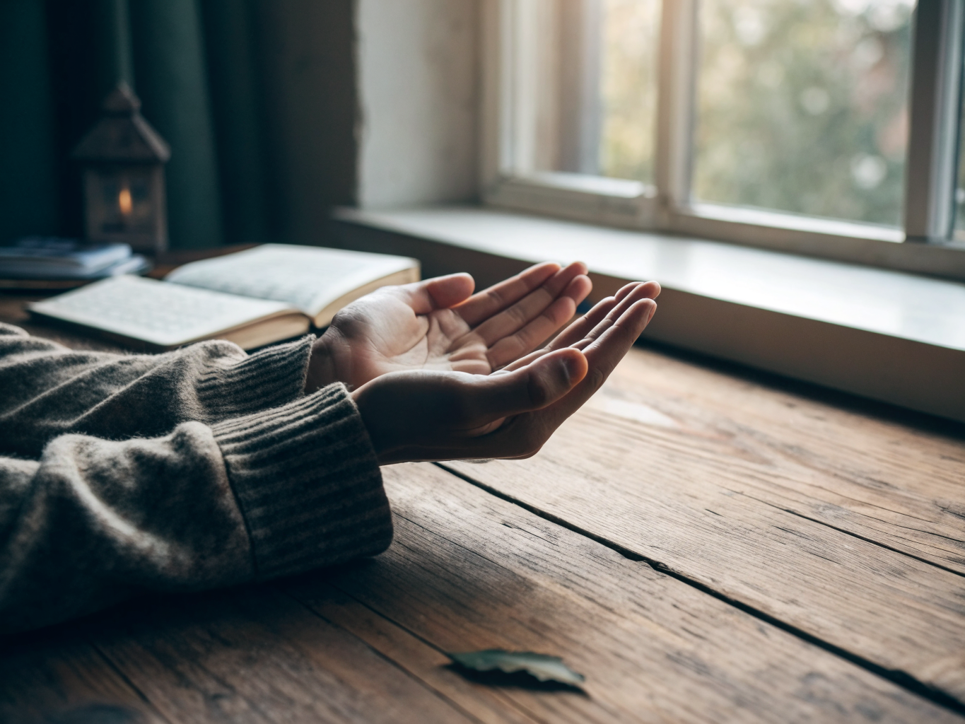 Close-up of a person's hands resting open on a desk, soft natural window light, conveying quiet exhaustion through stillness