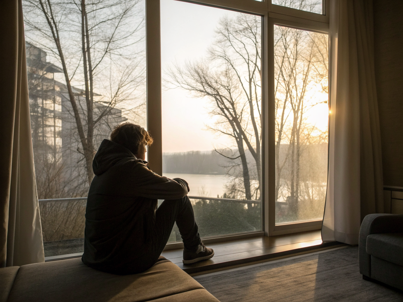 A person seated alone near a large window, looking outward, warm afternoon light falling across them, an atmosphere of reflective stillness