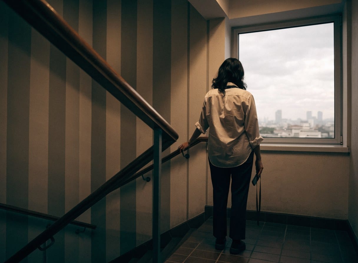 A woman pausing on an office stairwell landing, looking out of a tall window at a grey city sky