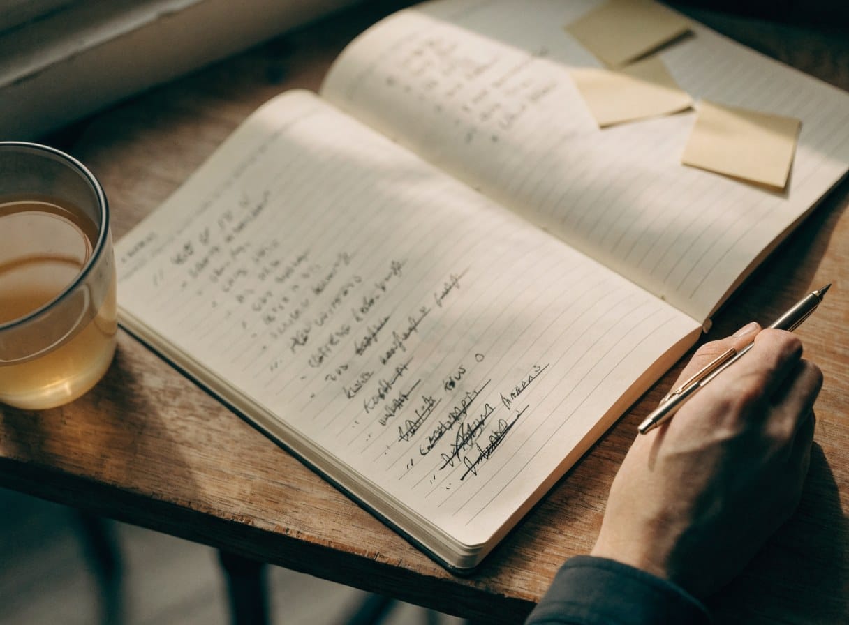 A hand holding a pen still beside a notebook of half-finished, crossed-out to-do lists