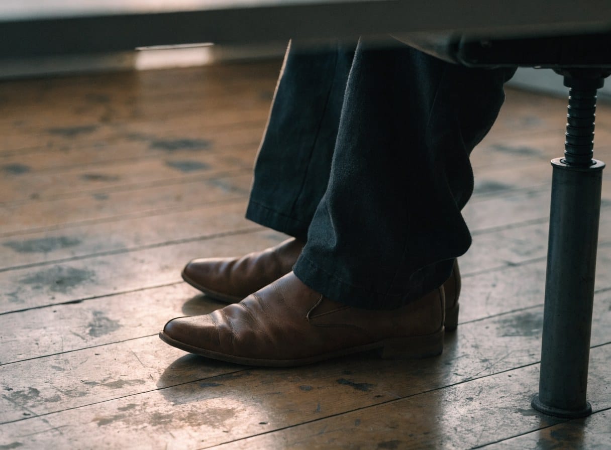 Feet in brown leather shoes resting flat on a worn wooden floor beneath a desk in soft afternoon light
