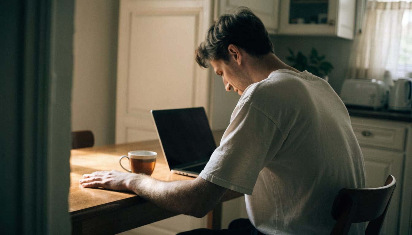 A man sitting quietly at a kitchen table in morning light with an untouched laptop, gathering himself before the working day