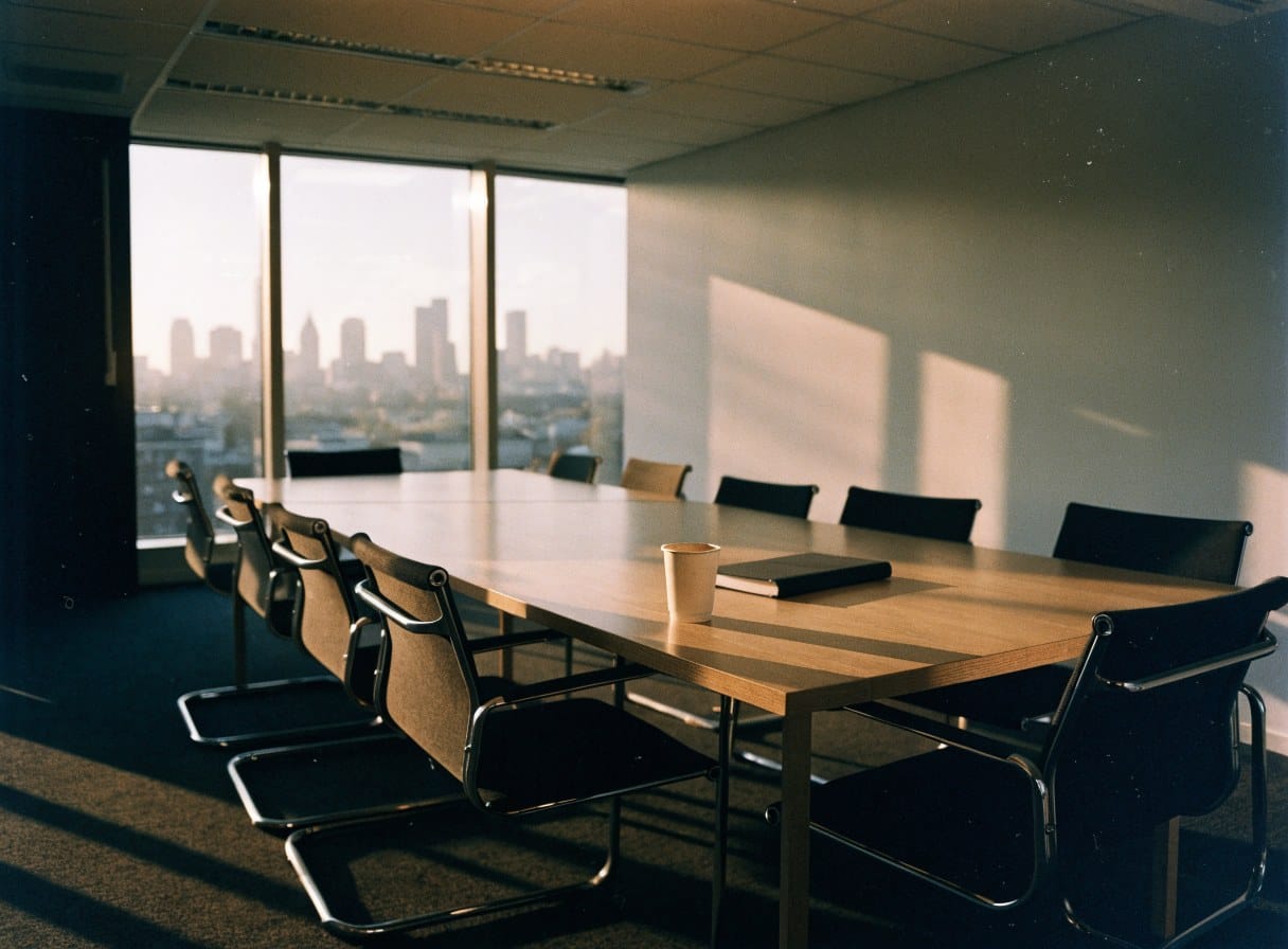 An empty meeting room with a coffee cup and closed notebook left on the table in late afternoon light.