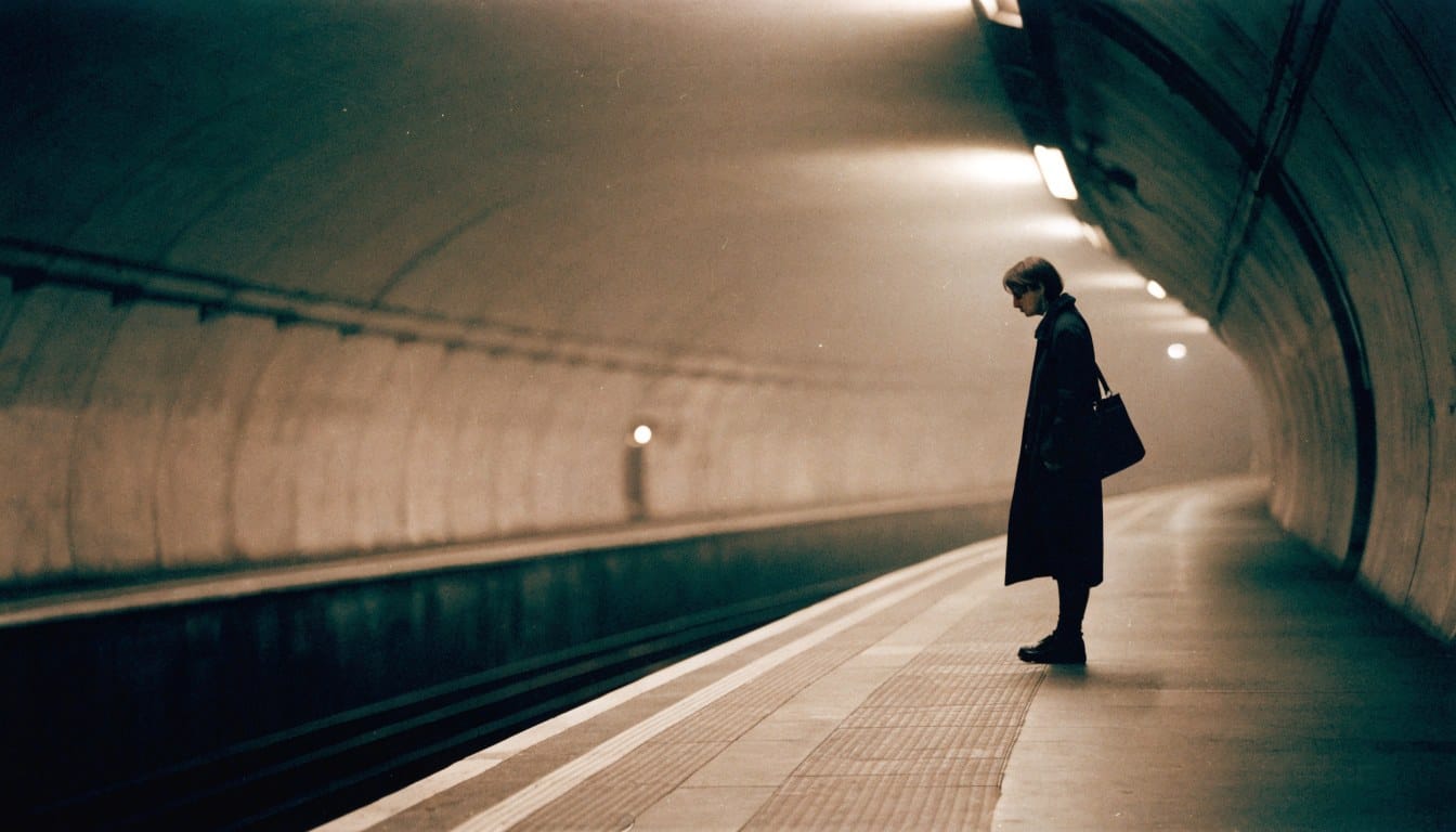 A professional waiting alone on a London Underground platform in the evening, head bowed, still carrying the working day.